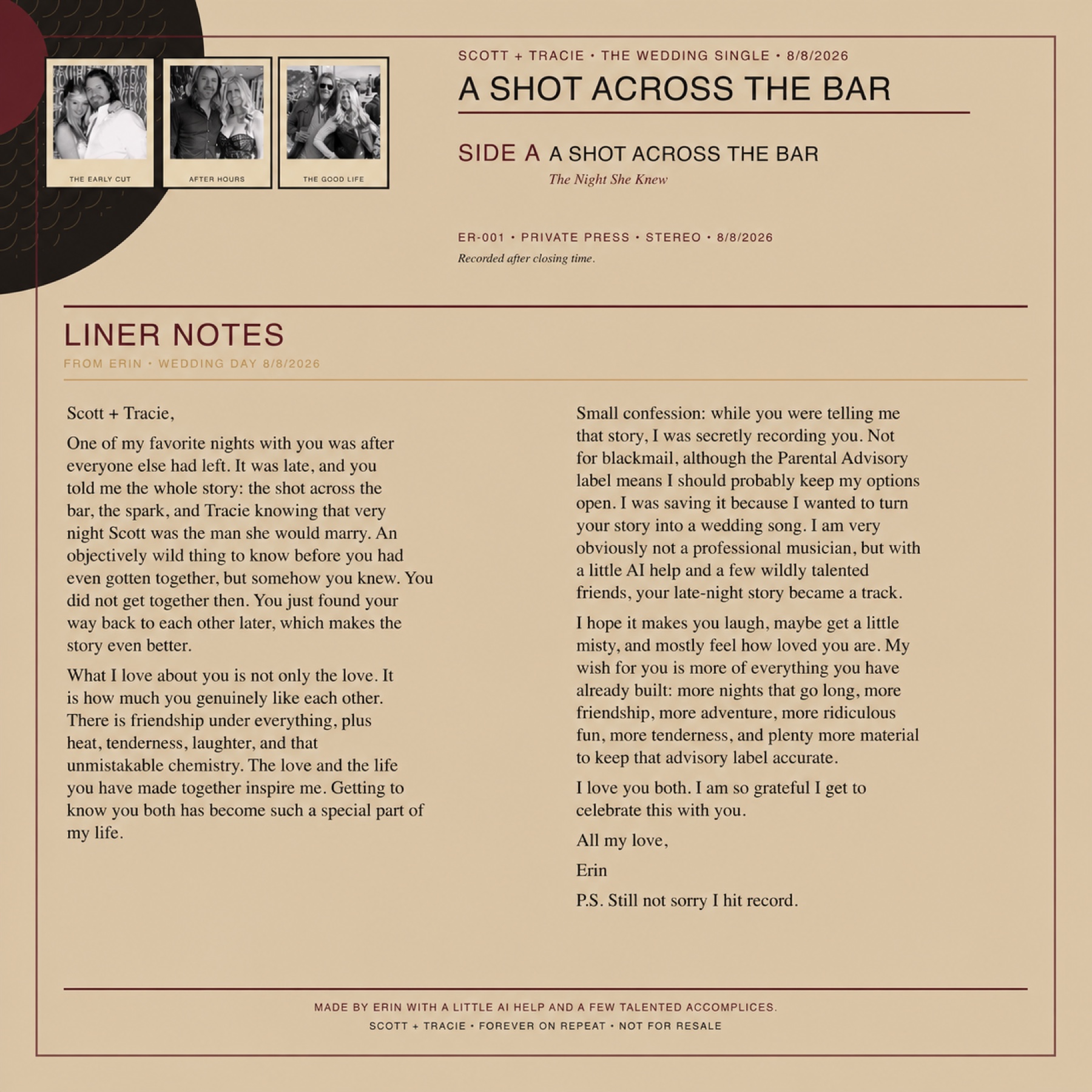 Back cover with photos and liner notes for Scott and Tracie